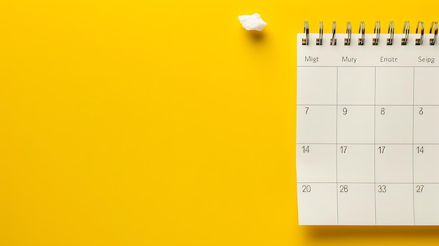 Calendario blanco limpio sobre fondo amarillo sólido con espacio de copia reunión de negocios sch IA generativa