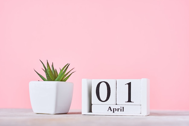 Calendario de bloques de madera con fecha 1 de abril y planta sobre fondo rosa. Concepto del día de los inocentes