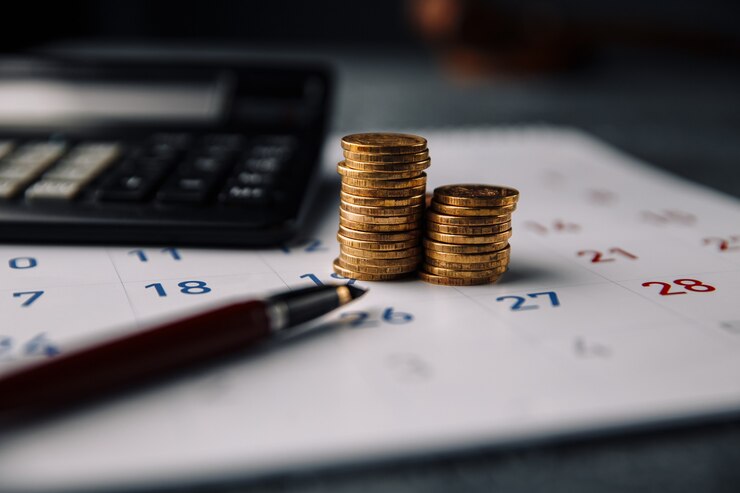 Calendário, calculadora e pilha de moedas em um escritório.