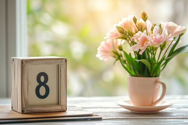 Calendário com data março flores e copo na mesa de jantar celebração do Dia Internacional da Mulher