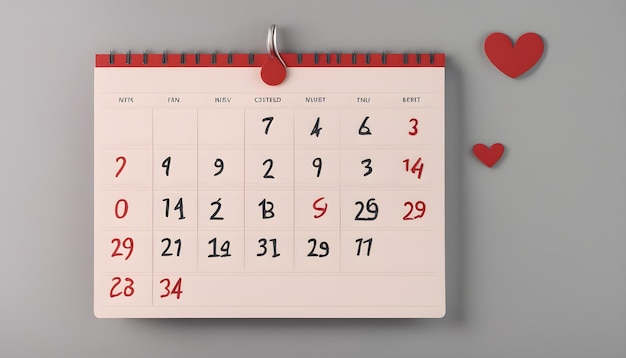 un calendario con un corazón rojo y un corazón roja en él