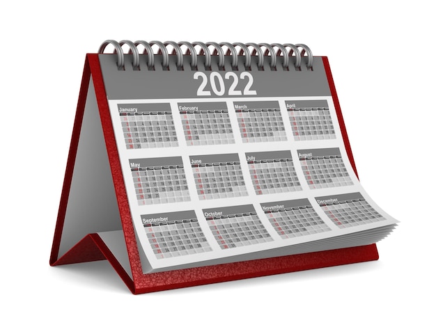 Calendário de 2022 anos em fundo branco. Ilustração 3D isolada