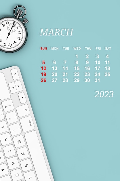 calendário de 2023 anos calendário de março renderização em 3d