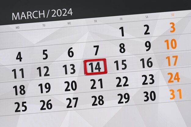 Calendário de 2024, data-limite, dia, mês, página, organizador, data, dia, quinta-feira, 14 de março.