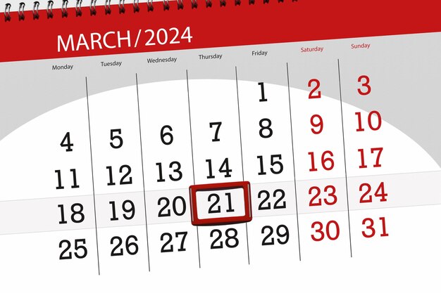 Calendário de 2024, data-limite, dia, mês, página, organizador, data, dia, quinta-feira, 21 de março.