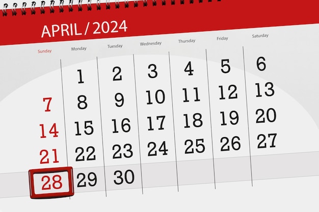 Foto calendário de 2024, data-limite, dia, mês, página, organizador, data, domingo, 28 de abril.