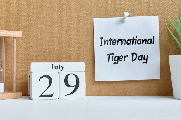 Calendário de 29 de julho em blocos de madeira - dia internacional do tigre