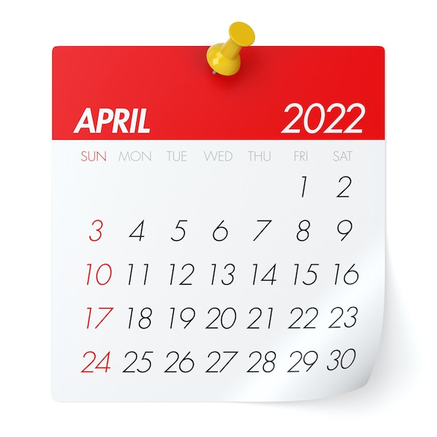 Calendário de abril de 2022. Isolado no fundo branco. Ilustração 3D