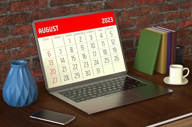 Calendário de agosto 2023 Agendamento de Planejamento Computador Laptop Mesa de Escritório Renderização em 3d
