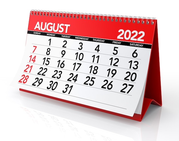 Calendário de agosto de 2022. Isolado no fundo branco. Ilustração 3D