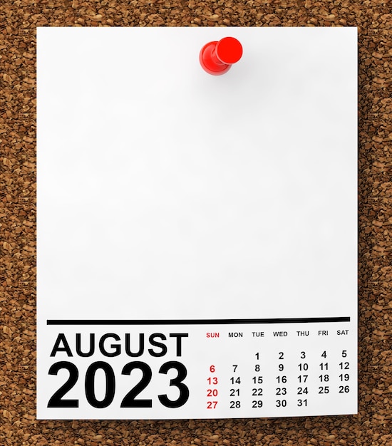 Foto calendário de agosto de 2023 na renderização 3d de papel de nota em branco