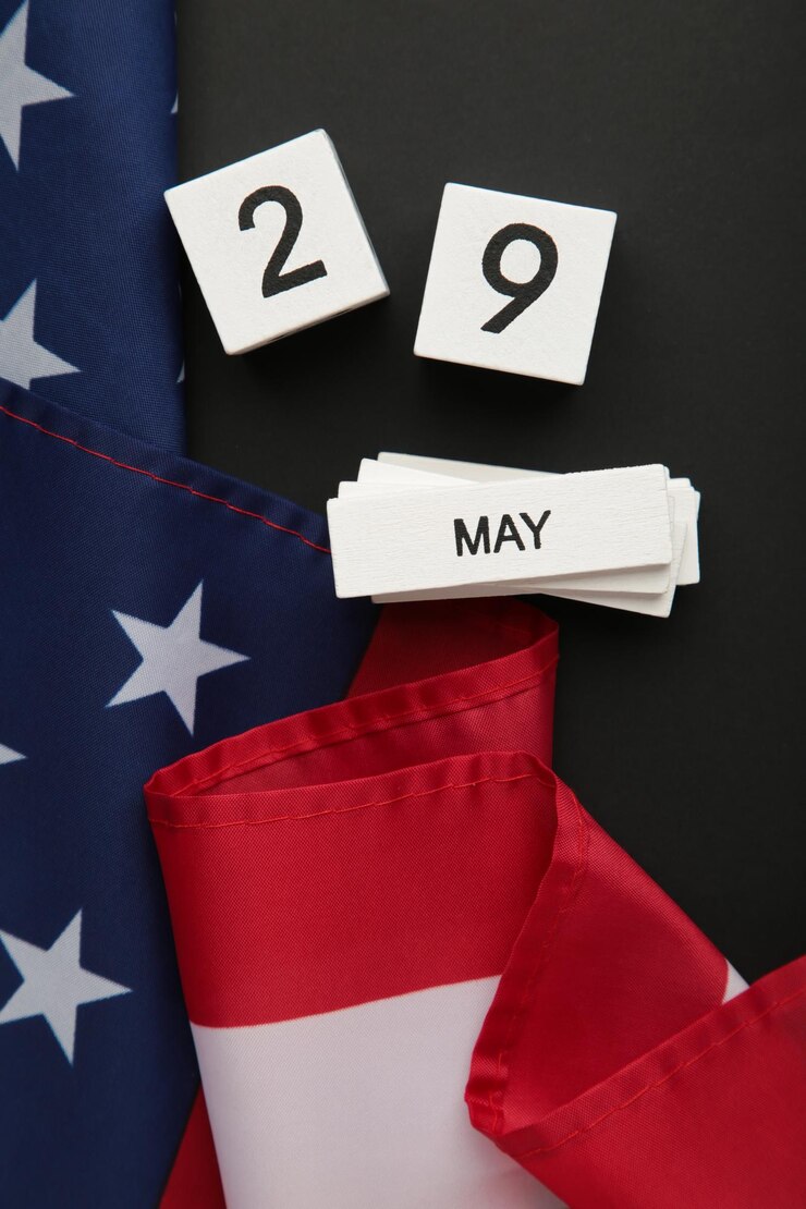 Foto calendário de cubo com data de 29 de maio do memorial day com foto vertical da bandeira dos eua