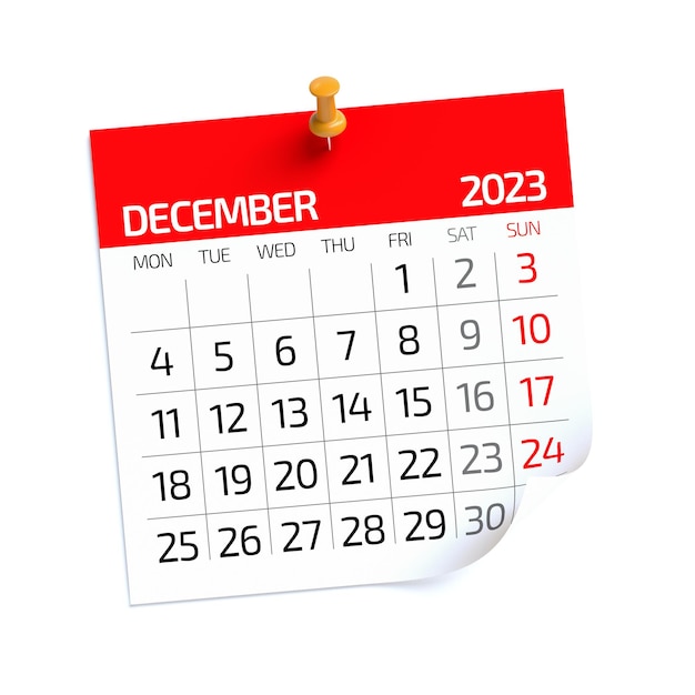 Calendário de dezembro de 2023 isolado na ilustração 3D de fundo branco