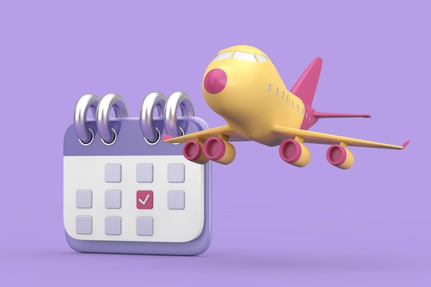 Calendário de ícone de desenho animado com renderização de avião 3d de ícone de brinquedo de desenho animado