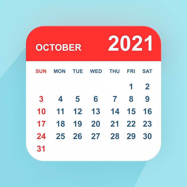 Calendário de ícone plana outubro de 2021 sobre um fundo azul. renderização 3d