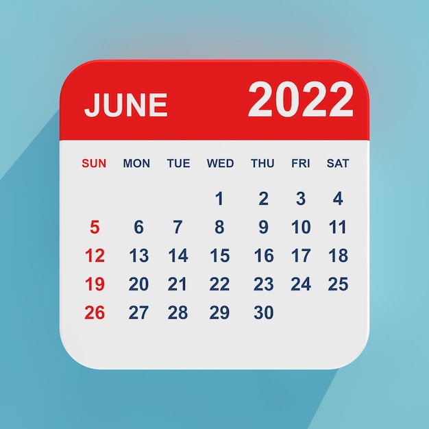 Calendário de ícone plano junho de 2022 em um fundo azul 3d rendering