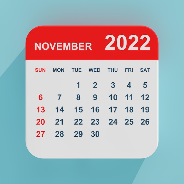 Calendário de ícone plano, renderização em 3d de novembro de 2022