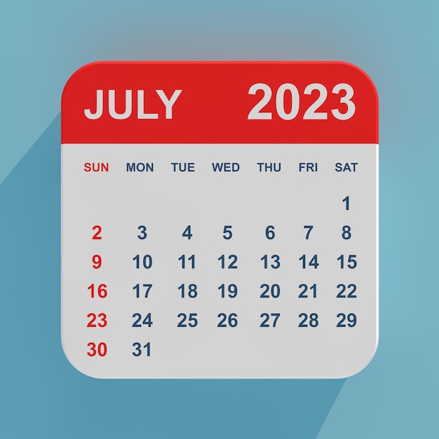 Calendário de ícones planos julho de 2023 renderização em 3D