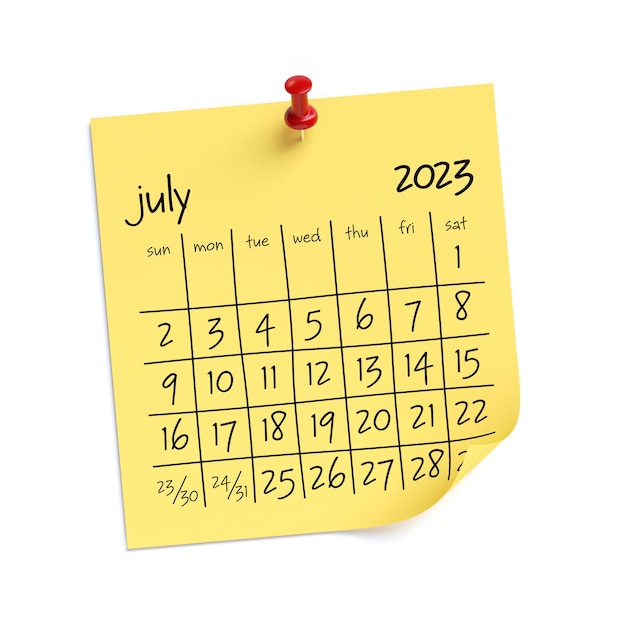 Calendário de julho de 2023 isolado na ilustração 3d de fundo branco