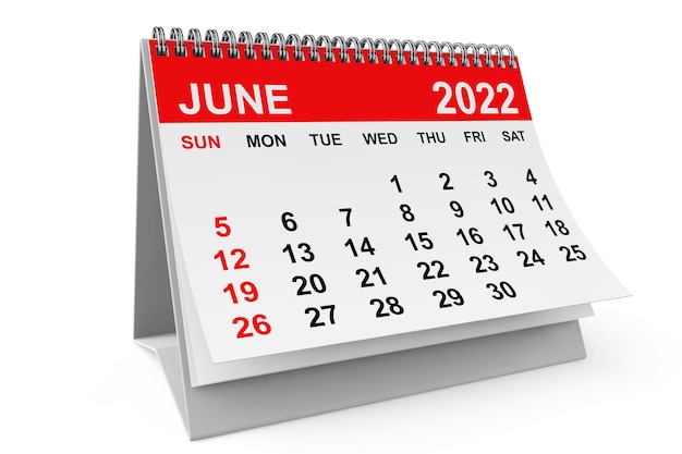 Calendário de junho de 2022 anos em uma renderização 3d de fundo branco