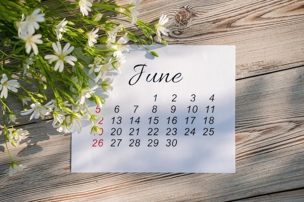 Calendário de junho de 2022 e flores brancas em fundo de madeira