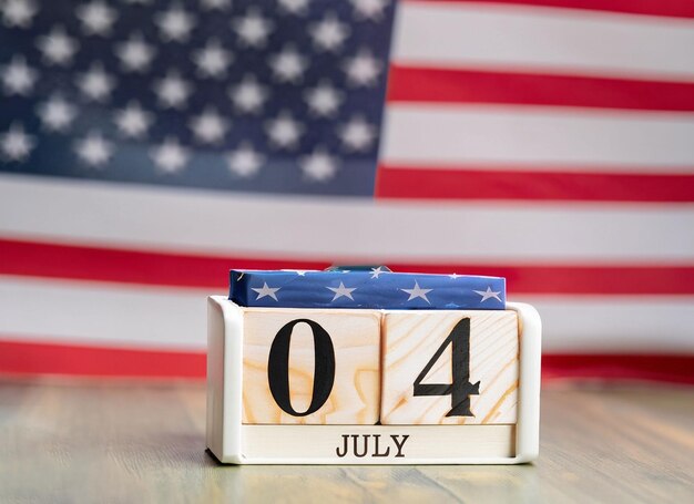 Foto calendário de madeira 4 de julho com uma bandeira americana generativa ai