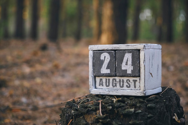 Calendário de madeira do mês de verão de 24 de agosto com data e mês no dia da florestaWaffle