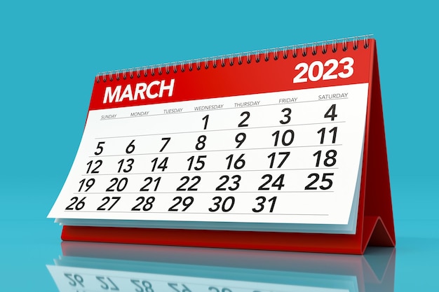 Calendário de março de 2023 isolado na ilustração 3D de fundo azul