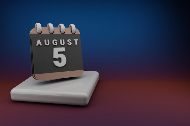 Calendário de mesa com linha de mês preto e vermelho com data 5 de agosto Design moderno com elemento dourado