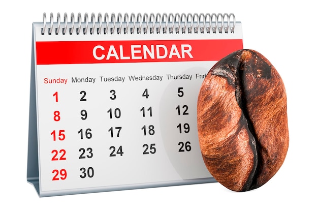 Calendário de mesa com renderização em 3D de grãos de café