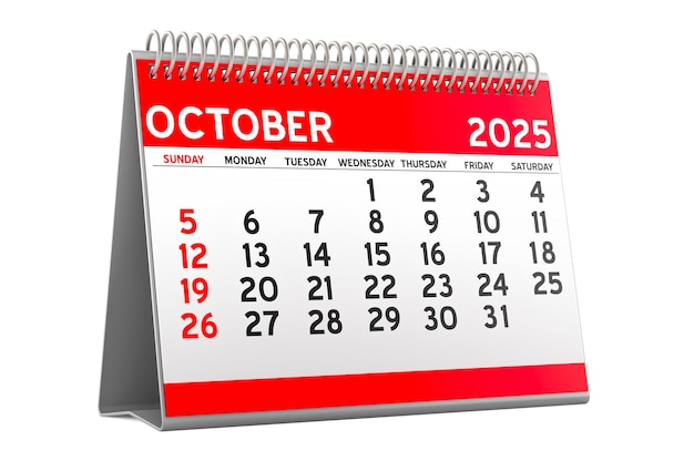 Calendário de mesa de outubro de 2025 renderização 3D