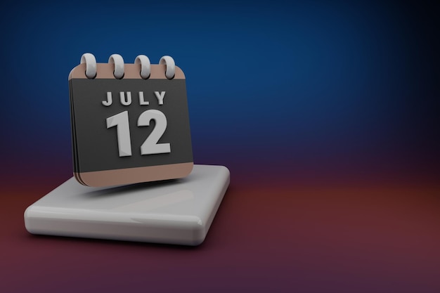 Foto calendário de mesa em pé com mês preto e vermelho com data 12 de julho design moderno com elemento dourado