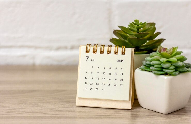 Calendário de mesa para julho de 2024 na mesa com espaço para cópia