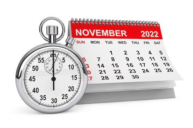 Calendário de novembro de 2022 com renderização 3d de cronômetro