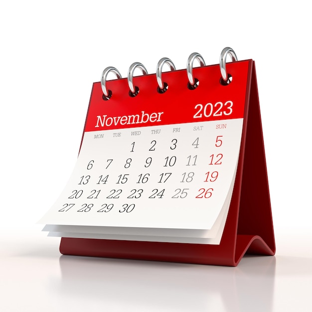 Calendário de novembro de 2023 isolado na ilustração 3D de fundo branco