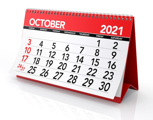 Calendário de outubro de 2021. Isolado no fundo branco. Ilustração 3D