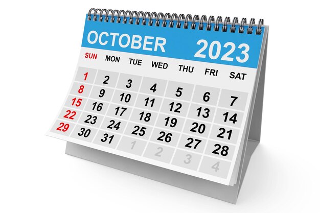 Calendário de outubro de 2023 em uma renderização 3d de fundo branco