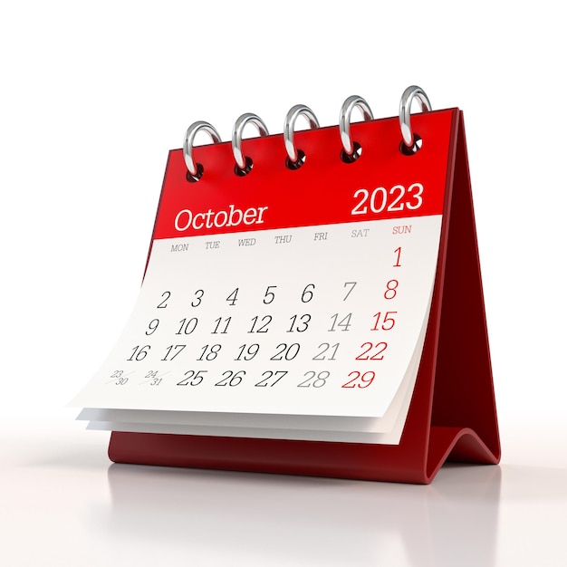 Calendário de outubro de 2023 isolado na ilustração 3D de fundo branco