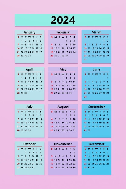 Calendário de parede em estilo minimalista Modelo de calendário mensal para 2024