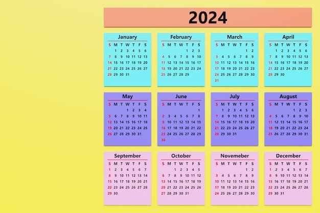 Calendário de parede em estilo minimalista Modelo de calendário mensal para 2024