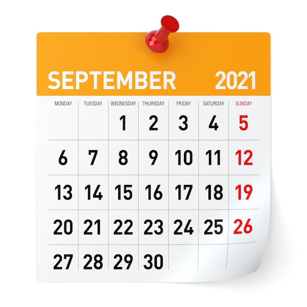 Calendário de setembro de 2021. Isolado no fundo branco. Ilustração 3D