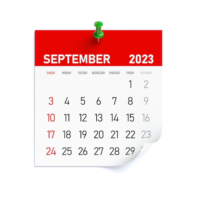 Calendário de setembro de 2023 isolado na ilustração 3D de fundo branco