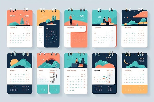 Calendário de trabalho remoto minimalista Ilustração vetorial plana com marcos