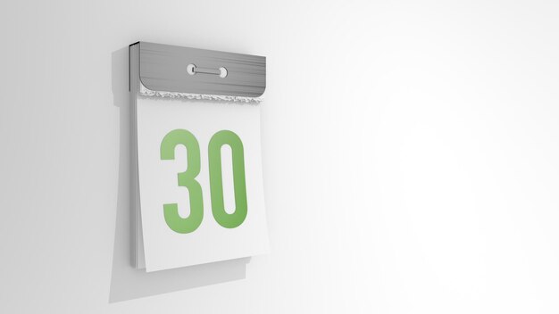 Calendário destacável com número 30 Renderização 3D elegante da trigésima data ilustração 3d sobre fundo branco dia trinta