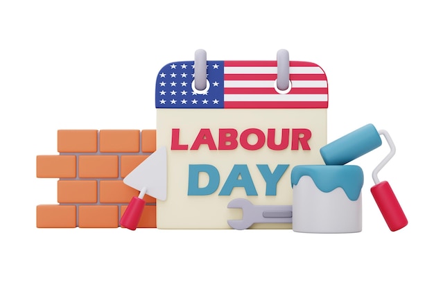 Calendario del día del trabajo con bandera americanaHerramientas y equipos de construcciónRepresentación 3d
