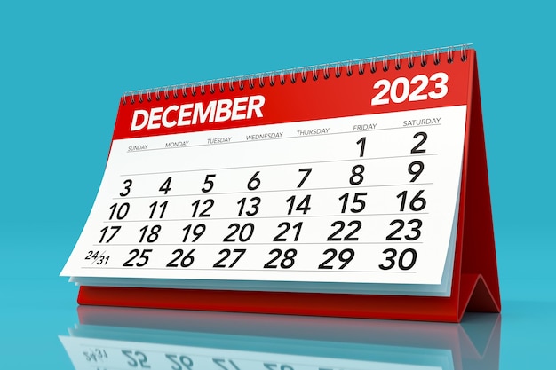 Calendario de diciembre de 2023 aislado sobre fondo azul Ilustración 3D