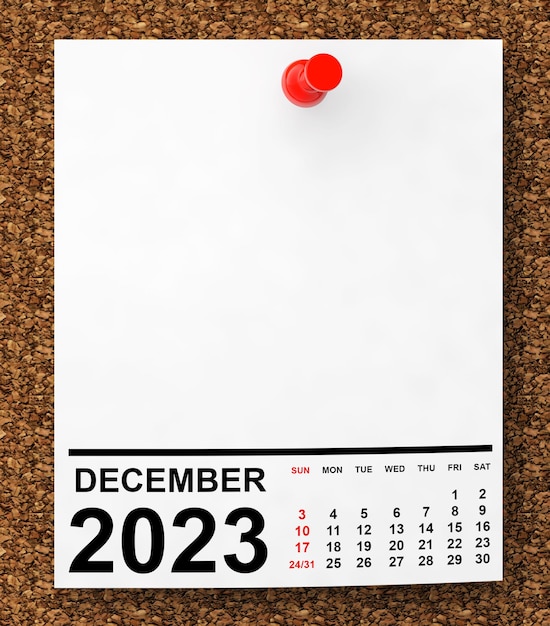 Calendario diciembre 2023 en papel de nota en blanco con espacio libre para su texto Renderización 3D