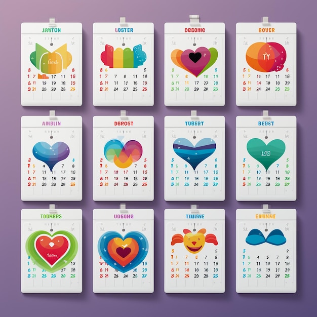 Foto un calendario con diferentes colores de corazones y la palabra amor en él