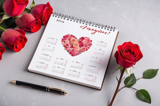 Calendário e flores de rosas na mesa Celebração do Dia dos Namorados