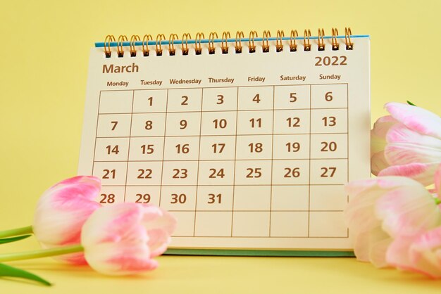 Foto calendário e flores em fundo amarelo